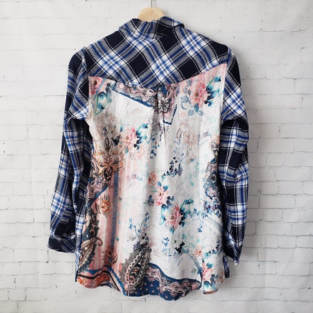 Tolani Anthropologie XS Petite Neicy Plaid Blue Floral Button Up Tunic Top NEW